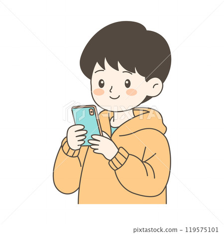 Cute Boy Cartoon Character Playing Gadget with Smile Expression Cute Boy Cartoon Character Playing Gadget with Smile Expression 119575101