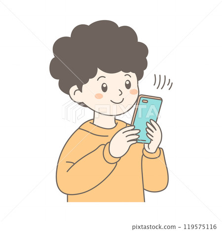 Cute Boy Cartoon Character Playing Gadget with Smile Expression 119575116