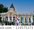 The National Congress building in Plaza Murillo, with many flags flying (view of the Bolivian city of La Paz) 119575273