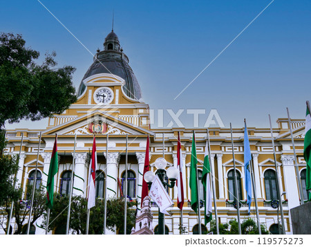 穆里略廣場的國會大廈，彩旗飄揚（玻利維亞拉巴斯風景） 119575273