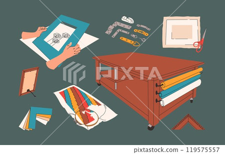 Vector set of tools for framing paintings and... - Stock Illustration ...