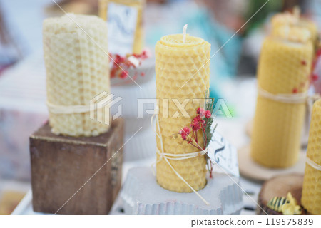 Handcrafted Beeswax Candles with Unique Decorations to Enhance Any Spaces Atmosphere 119575839