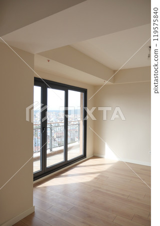 Experience the spacious and stylish modern living room adorned with floortoceiling windows 119575840