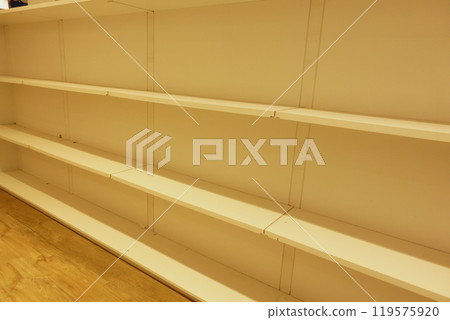 There are Empty White Shelving Units positioned in a beautifully Minimalist Space environment There are Empty White Shelving Units positioned in a beautifully Minimalist Space environment 119575920