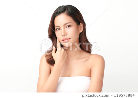 Beautiful young asian woman with clean fresh skin on white background, Face care, Facial treatment, Cosmetology, beauty and spa, Asian women portrait. Beautiful young asian woman with clean fresh skin on white background, Face care, Facial treatment, Cosmetology, beauty and spa, Asian women portrait. 119575994