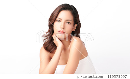 Beautiful young asian woman with clean fresh skin on white background, Face care, Facial treatment, Cosmetology, beauty and spa, Asian women portrait. Beautiful young asian woman with clean fresh skin on white background, Face care, Facial treatment, Cosmetology, beauty and spa, Asian women portrait. 119575997