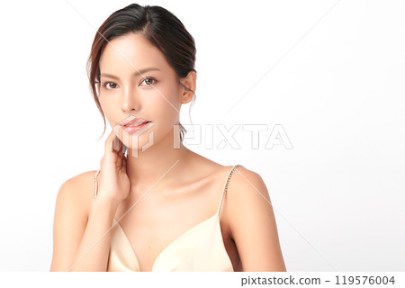 Beautiful young asian woman with clean fresh skin on white background, Face care, Facial treatment, Cosmetology, beauty and spa, Asian women portrait. 119576004