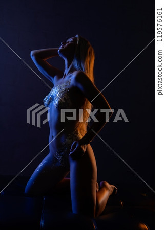 A dancer strikes a dramatic pose in a sparkling costume at night 119576161