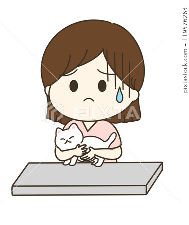 A cute and relaxed illustration of a nurse looking worried while holding a cat to keep it from moving 119576263