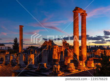 Remains of temple of Apollo in Turkish town Didim at twilight Remains of temple of Apollo in Turkish town Didim at twilight 119576629