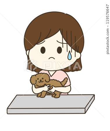 A cute, relaxed illustration of an anxious nurse holding a dog on a platform to keep it still. 119576647