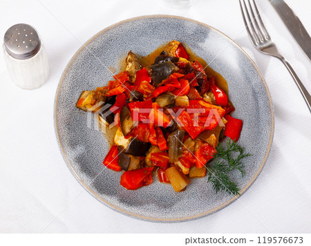 Saute of eggplant, bell pepper, carrots, tomato and pork bacon Saute of eggplant, bell pepper, carrots, tomato and pork bacon 119576673