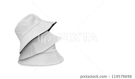 Three white bucket hats, isolated on white background. 119576698
