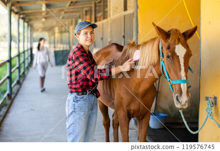 European girl has tied horse to hitching post and is combing animals mane 119576745