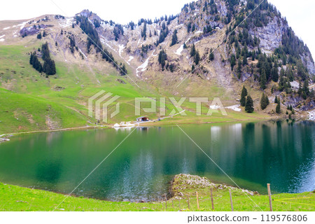 View of the Lake Hinterstocken at the foot of Stockhorn peak in Bernese Oberland, Switzerland 119576806