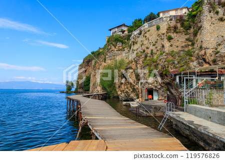 The wooden Bridge of Wishes along the Ohrid lake in Ohrid, North Macedonia The wooden Bridge of Wishes along the Ohrid lake in Ohrid, North Macedonia 119576826