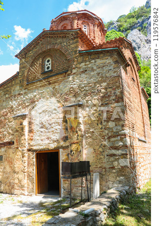 Church Holy Mother of God Zahumska, built in 1299, on a shores of Ohrid Lake in North Macedonia 119576842