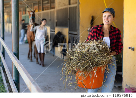 European young female worker walks go through corridor of stable, carrying basket with straw European young female worker walks go through corridor of stable, carrying basket with straw 119576915