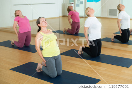 Group of active mature women practicing yoga 119577001