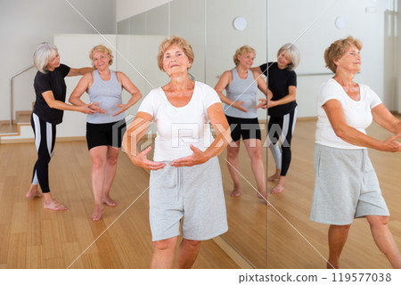 Aged women exercising ballet dance moves with trainer 119577038