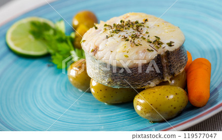 Pollock steak with vegetables Pollock steak with vegetables 119577047