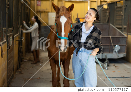 Woman with tethered horse in stable 119577117