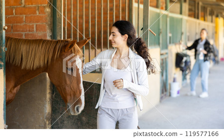 Armenian female worker takes horse out of stall, holds animal by bridle and leads pet for walk 119577166