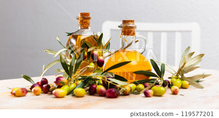 Olive oil in decanters and bottles Olive oil in decanters and bottles 119577201