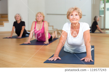 Senior woman doing Urdhva Mukha Shvanasana during group yoga workout Senior woman doing Urdhva Mukha Shvanasana during group yoga workout 119577243