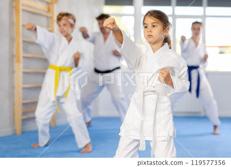 Tween girl practicing punches in gym during family martial arts workout Tween girl practicing punches in gym during family martial arts workout 119577356