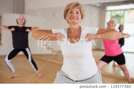 Cheerful senior woman enjoying active dancing in dance studio 119577360