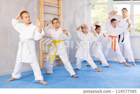 Children students repeat position and perform sequence of punches and painful techniques kata 119577395