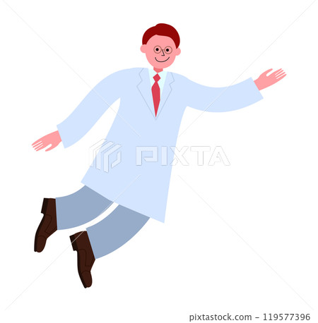 戴眼鏡、身穿白大褂的男子在天上飛翔的全身插畫（飄在空中） 119577396