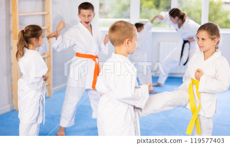 Young pupils train to perform defensive karate installations and attacking combat techniques 119577403