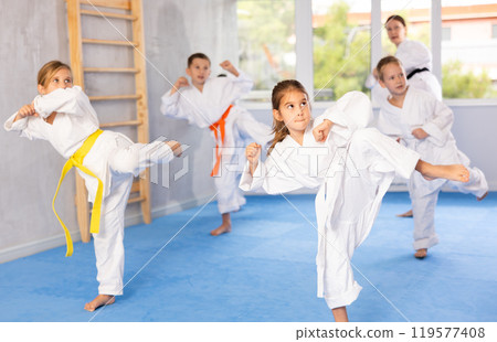 Children students repeat position and perform sequence of punches and painful techniques kata 119577408