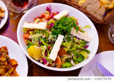 Image of Choban salad with cheese in a Turkish cafe. 119577470