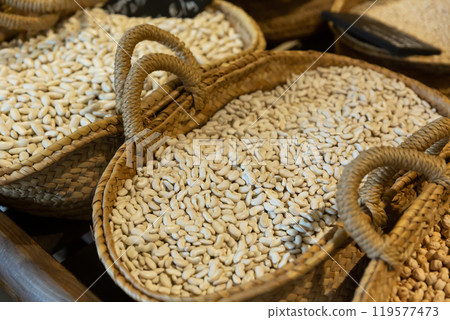 Dried ganxet beans displayed in grocery Dried ganxet beans displayed in grocery 119577473