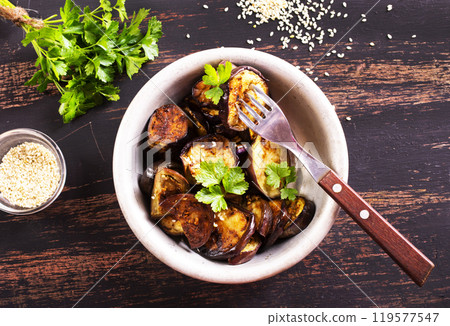 fried egg plant with spice in bowl fried egg plant with spice in bowl 119577547