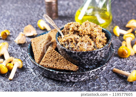 Mushroom pate in a bowl with toast 119577605