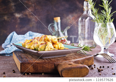 Chicken grilled kebab with rosemary oil and spice Chicken grilled kebab with rosemary oil and spice 119577626