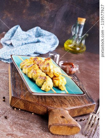 Chicken grilled kebab with rosemary oil and spice Chicken grilled kebab with rosemary oil and spice 119577627