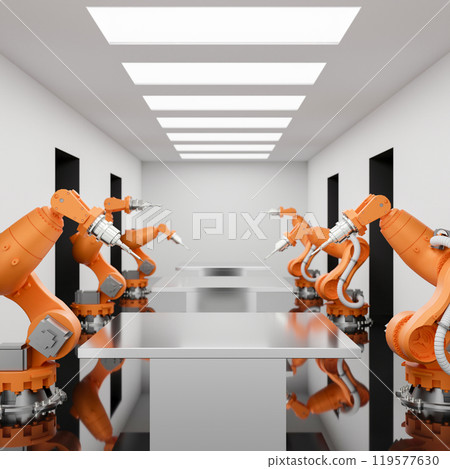 A space for displaying products on a metallic table surface with robotic arms. 119577630