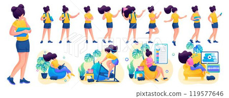 Young girl in various poses and actions, communication, work, training. 2D flat character vector illustration N8 119577646
