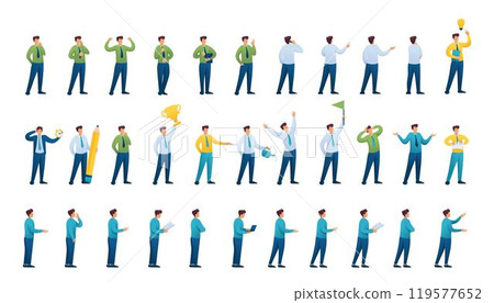 Set of poses and actions of a young businessman, a winning businessman, a business idea, a businessman in a panic 119577652