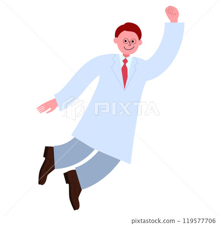 戴著眼鏡、穿著白大褂的男子在天空中飛翔(飄在空中)舉起拳頭的全身插畫 戴著眼鏡、穿著白大褂的男子在天空中飛翔(飄在空中)舉起拳頭的全身插畫 119577706