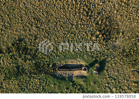 Aerial view of countryside shadoof well in meadow pasture Aerial view of countryside shadoof well in meadow pasture 119578058