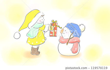 A boy in a Santa suit and a snowman giving a present A boy in a Santa suit and a snowman giving a present 119578119