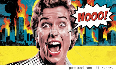 Pop art collage of a terrified woman screaming NO with a burning city in the background. Comic book 119578269