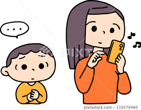 母親無視她的孩子並玩她的智慧型手機 母親無視她的孩子並玩她的智慧型手機 119578460