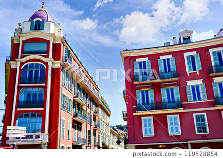 Image of the facade of Place Massena in Nice, Riviera, Cote d'Azur, France Image of the facade of Place Massena in Nice, Riviera, Cote d'Azur, France 119578854